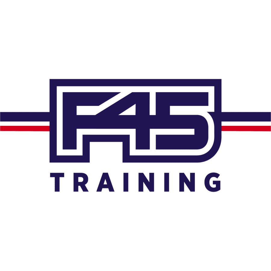 Logo of F45 Training with bold, dark blue letters F45 above the word TRAINING. Two stripes, one red and one blue, extend horizontally from both sides of the F45 text. 124 on Queen Hotel and Spa | Hotel & Spa Niagara-on-the-lake | 1 (855) 988-4552
