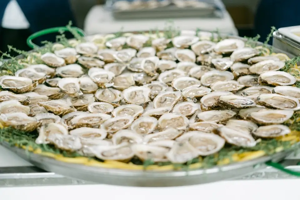 A large round platter filled with opened oysters on a bed of greenery is presented. The oysters are arranged neatly, showcasing their shiny, textured shells and fresh appearance. 124 on Queen Hotel and Spa | Hotel & Spa Niagara-on-the-lake | 1 (855) 988-4552
