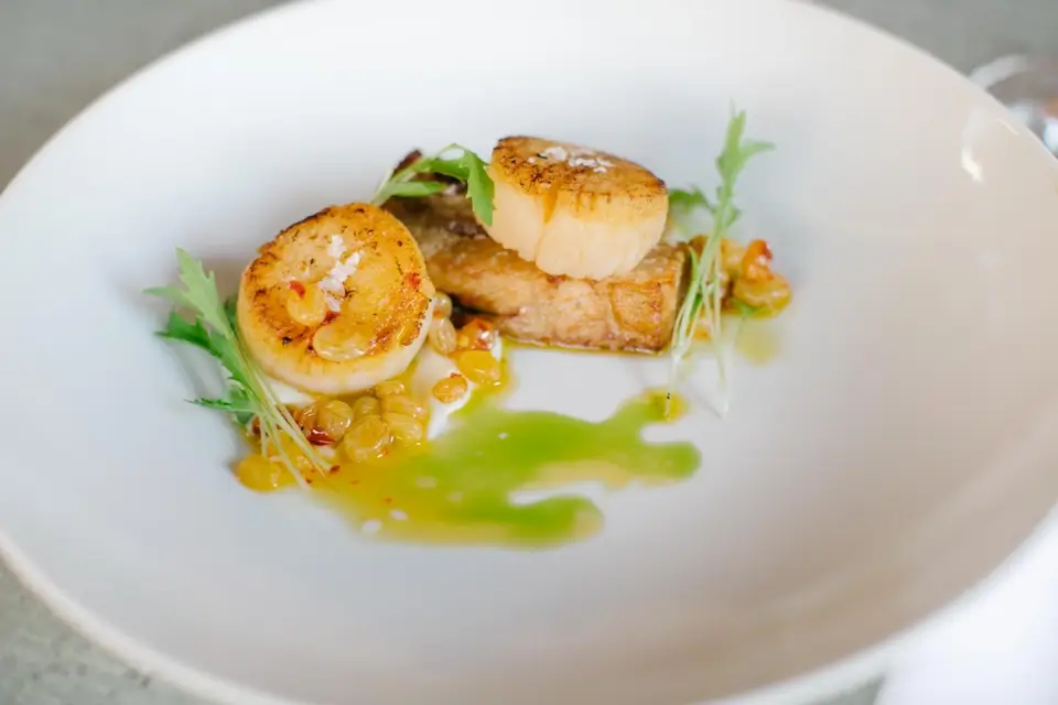 A white plate features two seared scallops on slices of tender meat, garnished with microgreens and colorful vegetables, with a green sauce artfully arranged. 124 on Queen Hotel and Spa | Hotel & Spa Niagara-on-the-lake | 1 (855) 988-4552